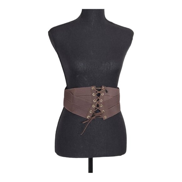 Women's Wide LCF Corset Cinch Lace-Up Brown Belt - Picture 1 of 4